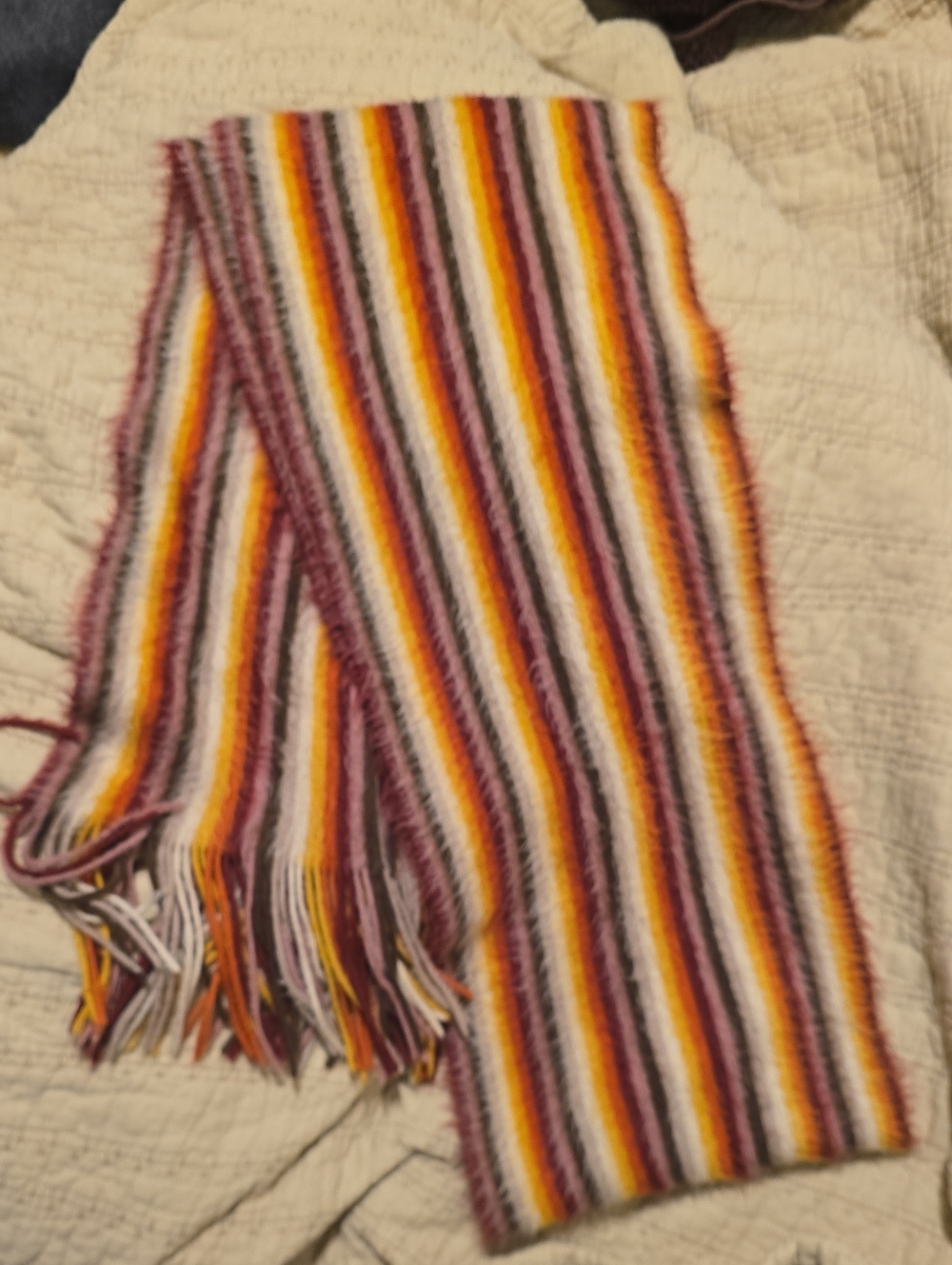 Cozy Striped Knit Scarf in Burgundy, Yellow & White